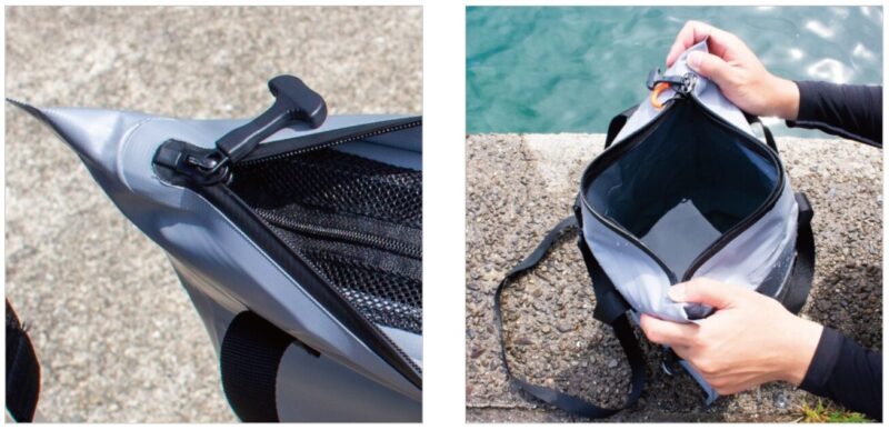 止水ファスナーを採用し中に水を溜められる貯水仕様